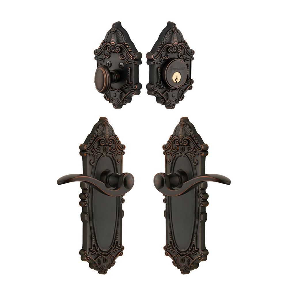 Grandeur by Nostalgic Warehouse Single Cylinder Combo Pack Keyed Differently - Grande Victorian Plate with Bellagio Lever and Matching Deadbolt in Timeless Bronze